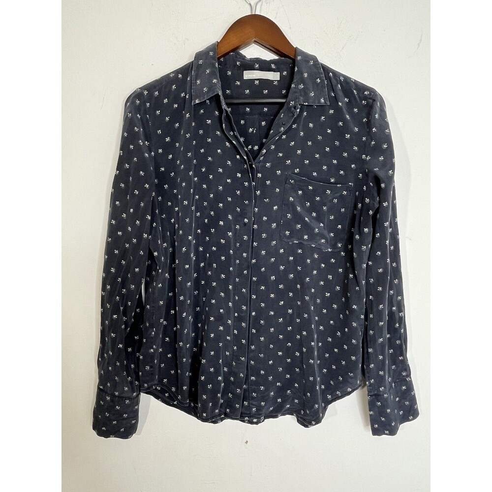 Vince 100% Silk Abstract Polka Dot Black Button Down Blouse Women's 10 L